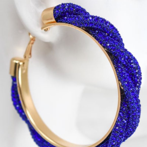 3" Braid Twist Royal Blue Rhinestone Hoop Earrings - Picture 7 of 12